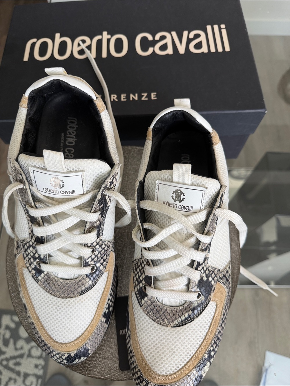 Roberto Cavalli White, Beige & Snakeskin Accent Trainer - Picture 2 of 4